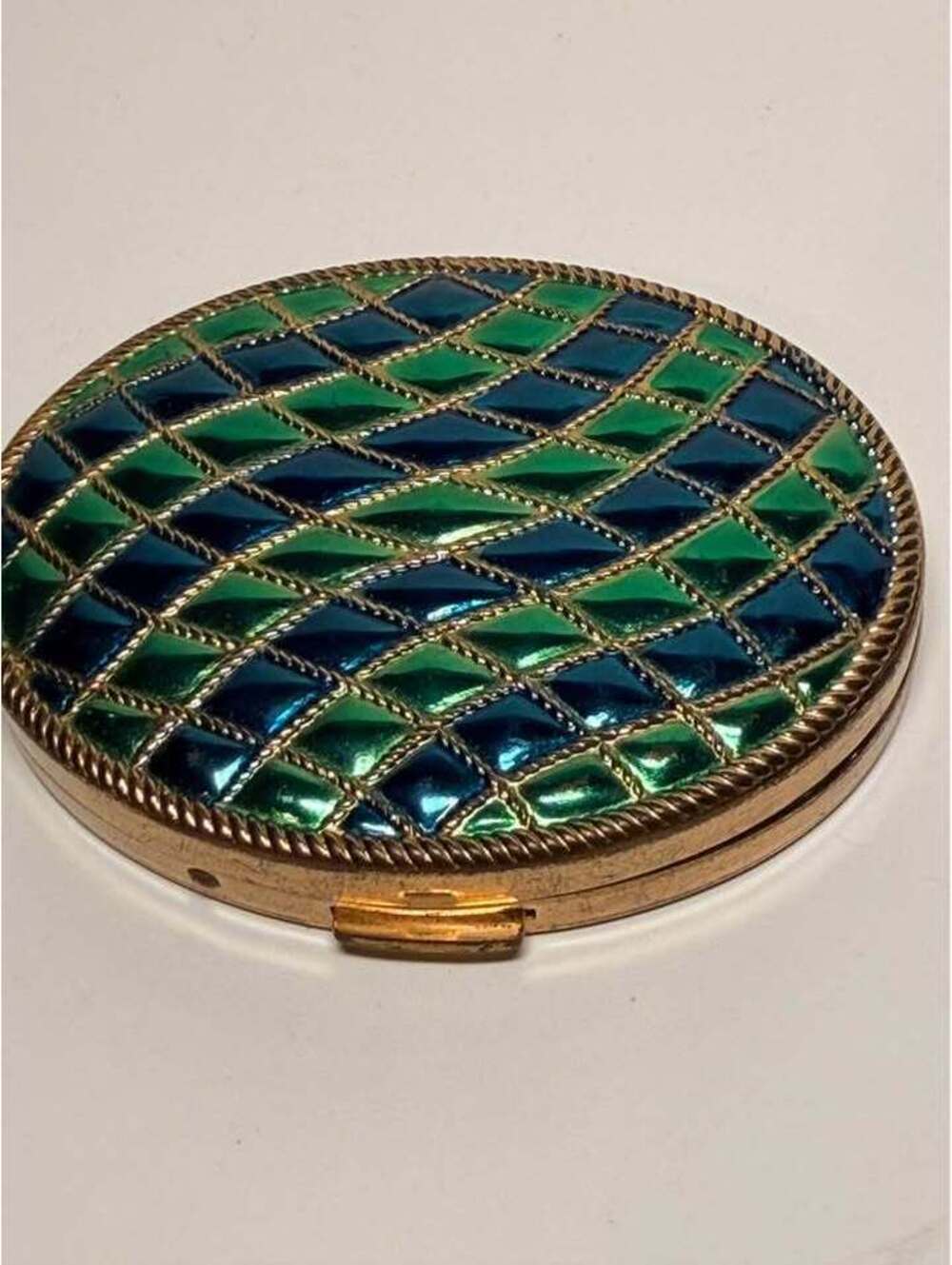 Vintage Avon Empress Enamel Quilted Blue Green Compact Mirror Powder Case